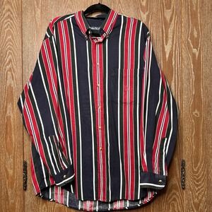 Vtg Nautica Mens XL Striped Long Sleeve Button Down Shirt Navy Red Classic Fit